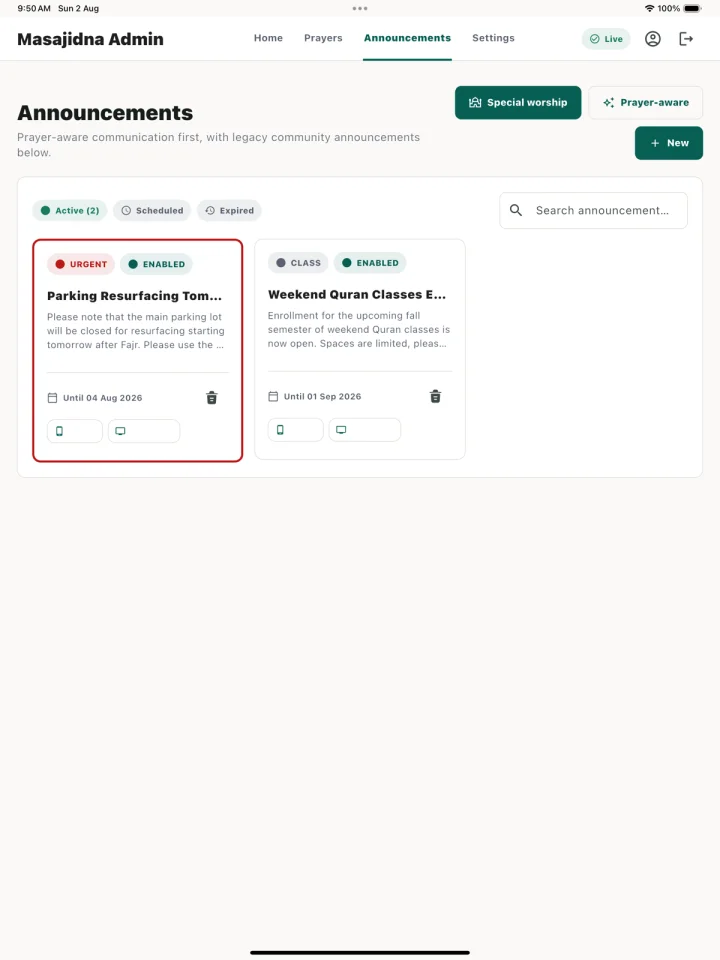 Announcements workspace with active and scheduled mosque notices