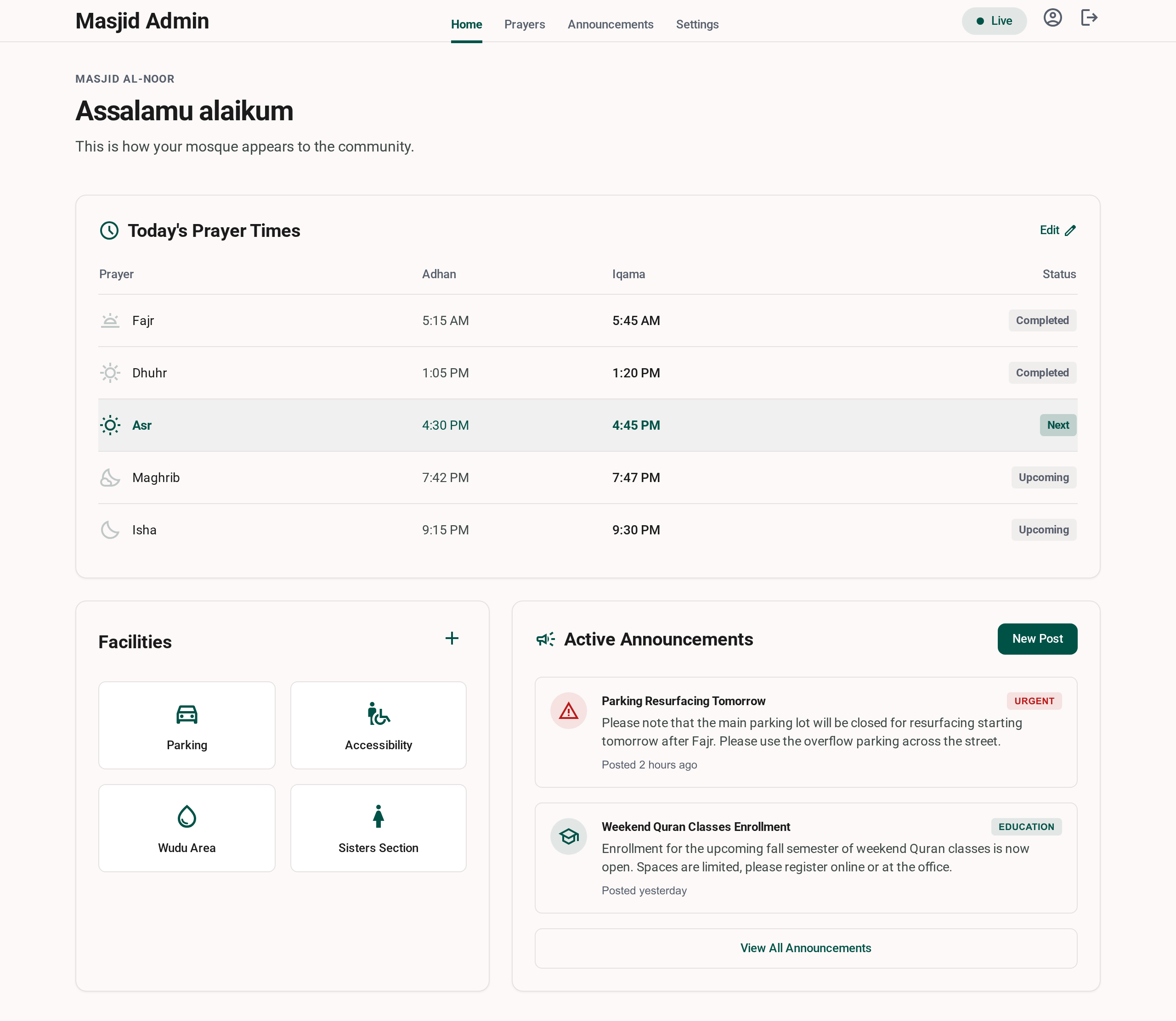 Masajidna mosque administration dashboard