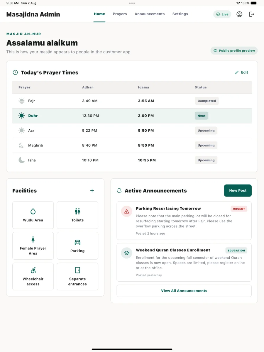 Masajidna Admin dashboard with today's prayers, facilities and announcements