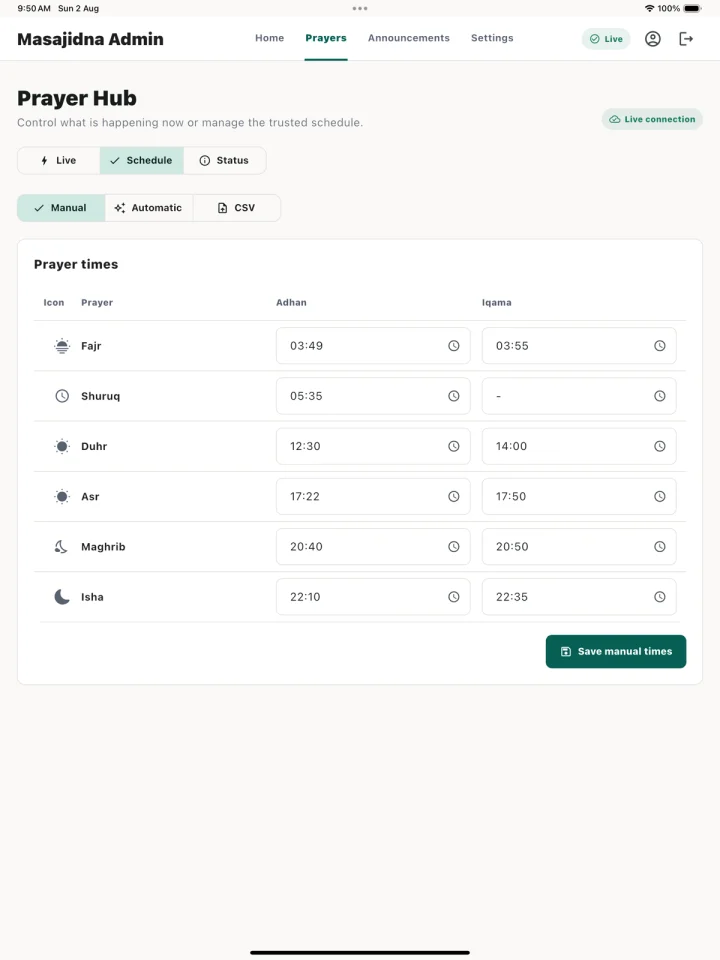Prayer schedule editor with manual, automatic and CSV import options