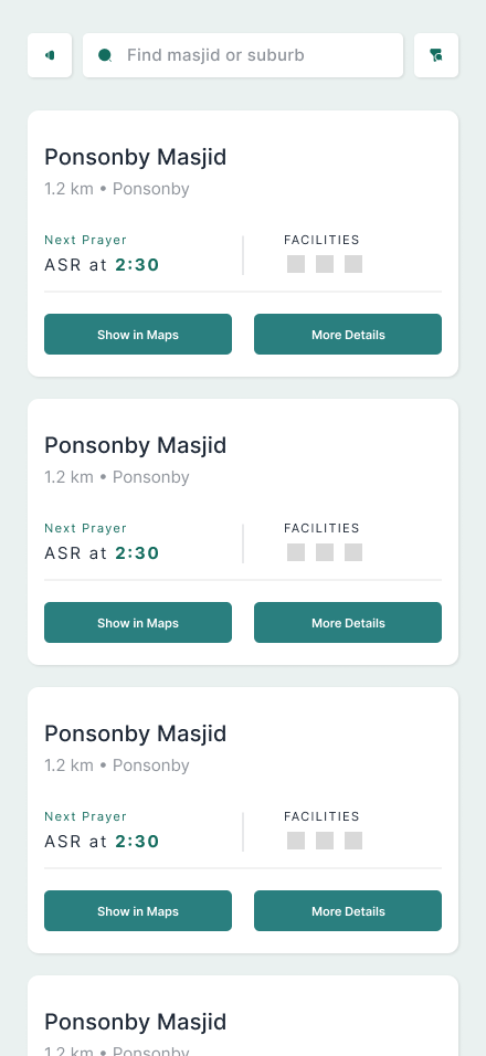 Masajidna mosque search showing nearby mosques, distance, next prayer, facilities, maps, and profile actions