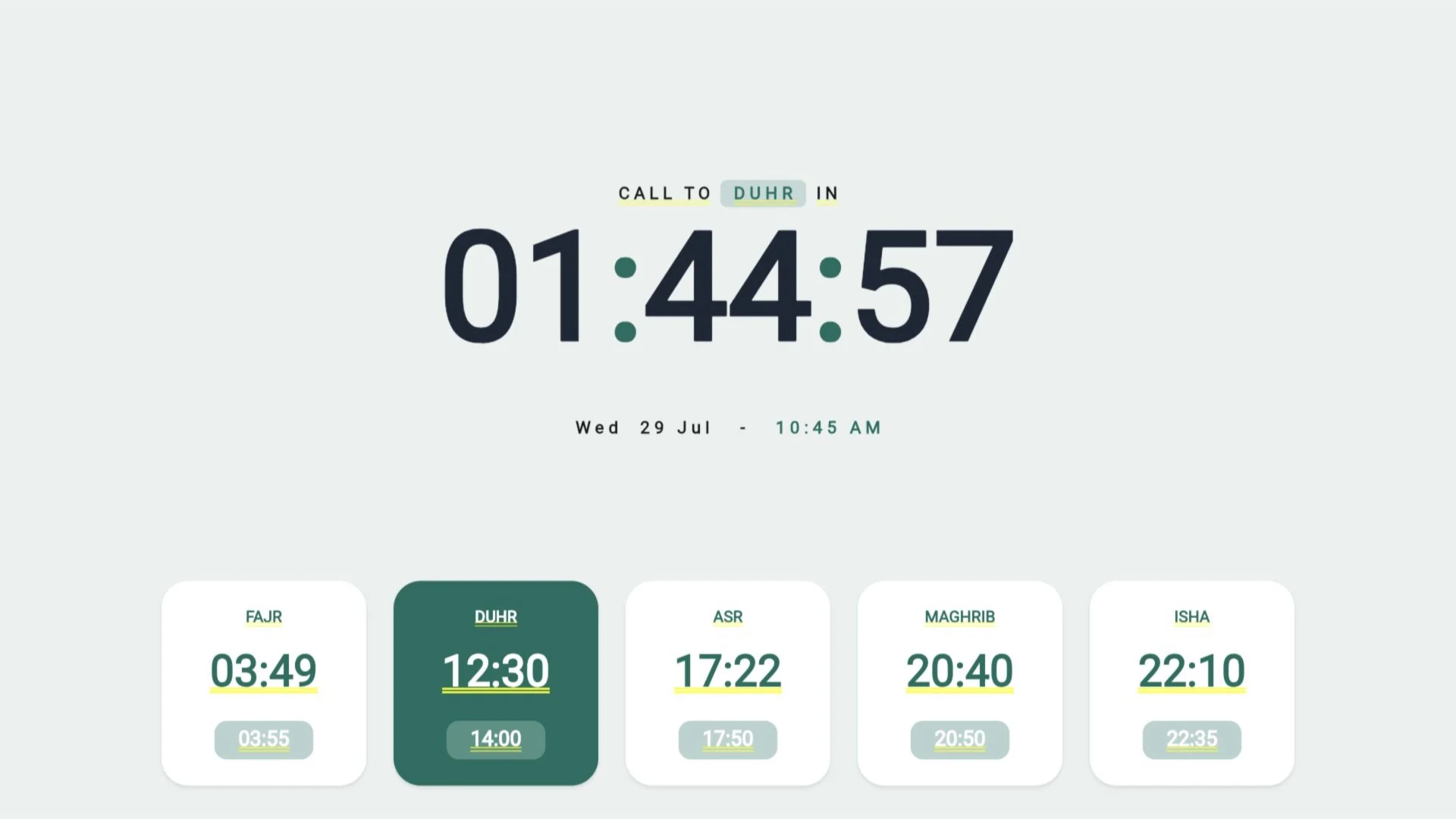Masajidna prayer display showing a large next-prayer countdown and the daily prayer schedule